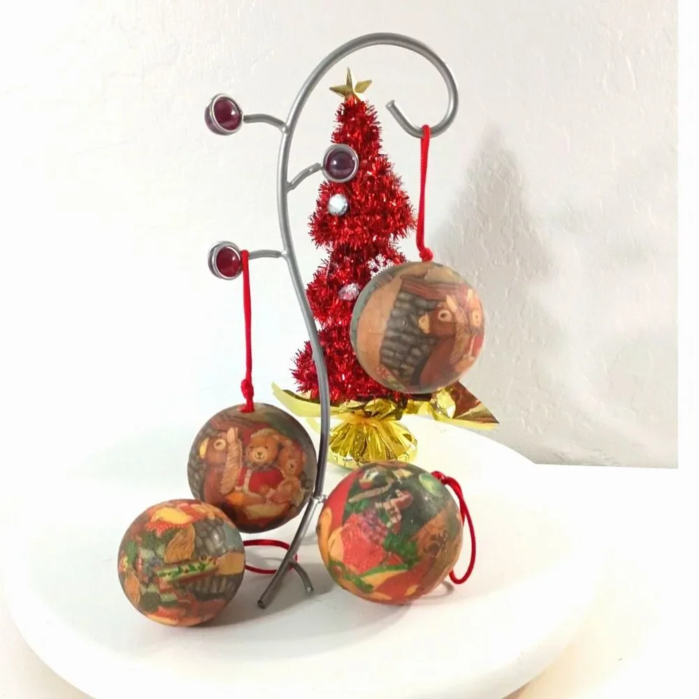 Vintage Plush Teddy Bear Christmas Ball Ornaments Set of 4